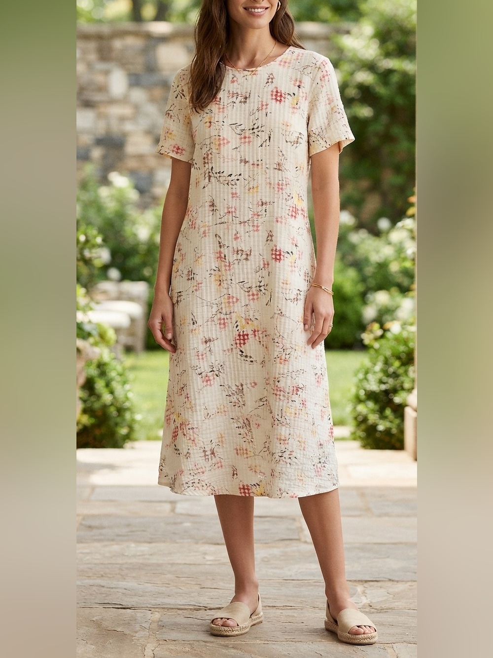 Ralph Lauren Cream Floral MidiDress Short Sleeve Crew Neck Shift Plaid Accents❤️